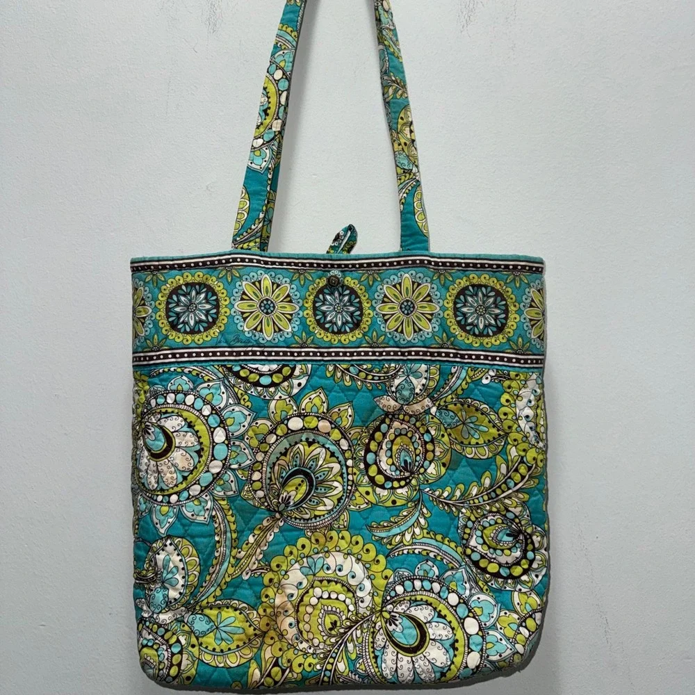 Vera Bradley Peacock Tote Bag Retired Quilted Cotton Teal Green Paisley Shoulder